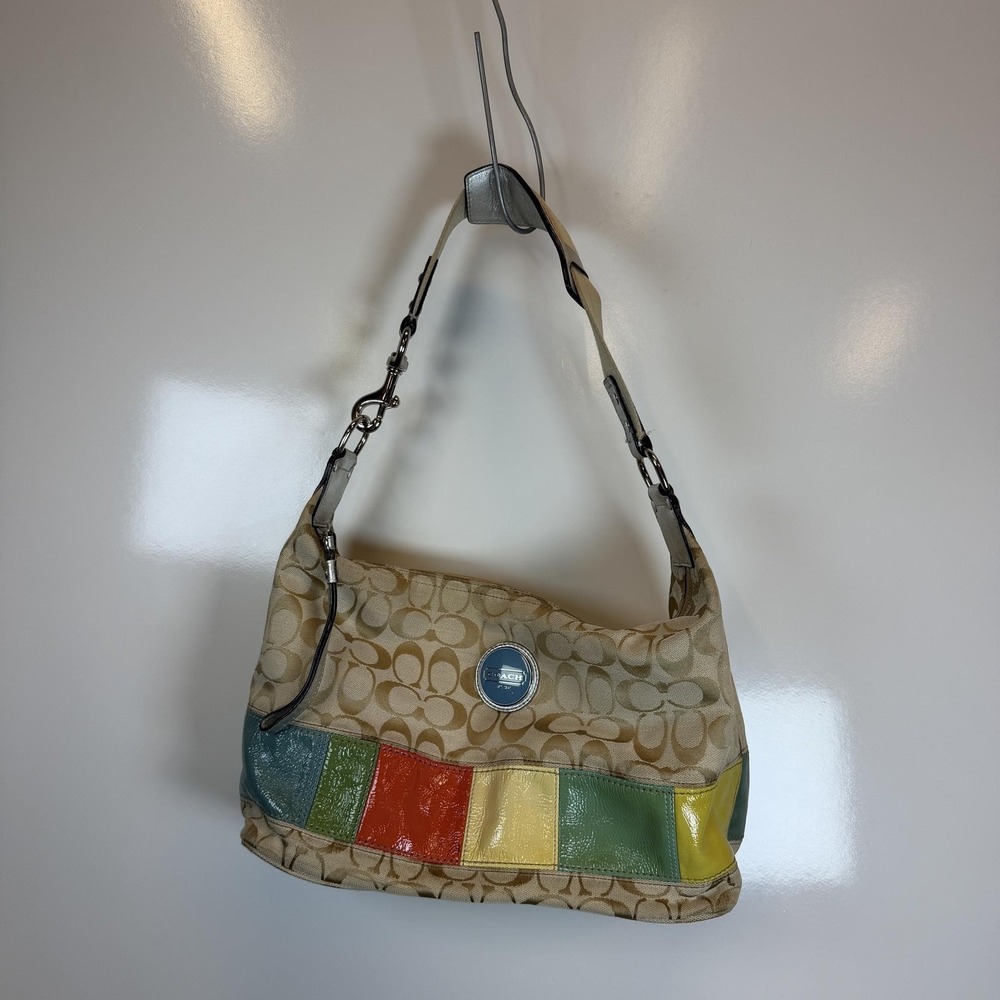 Coach Hobo Bag Womens Medium Beige Signature Poppy Multicolor Patchwork Canvas